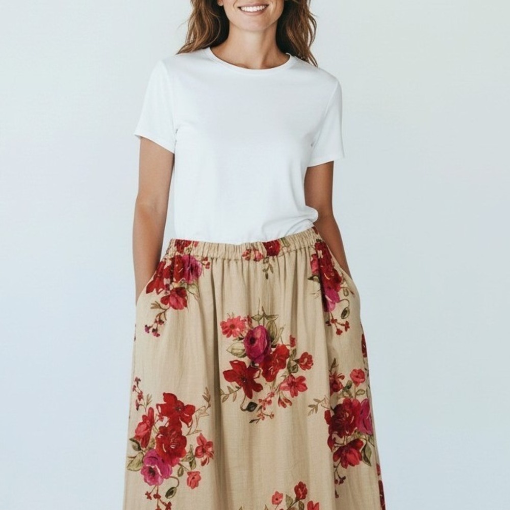 Susan Graver Womens XL NEW Linen Floral Cottagecore Modest Midi Skirt Pockets